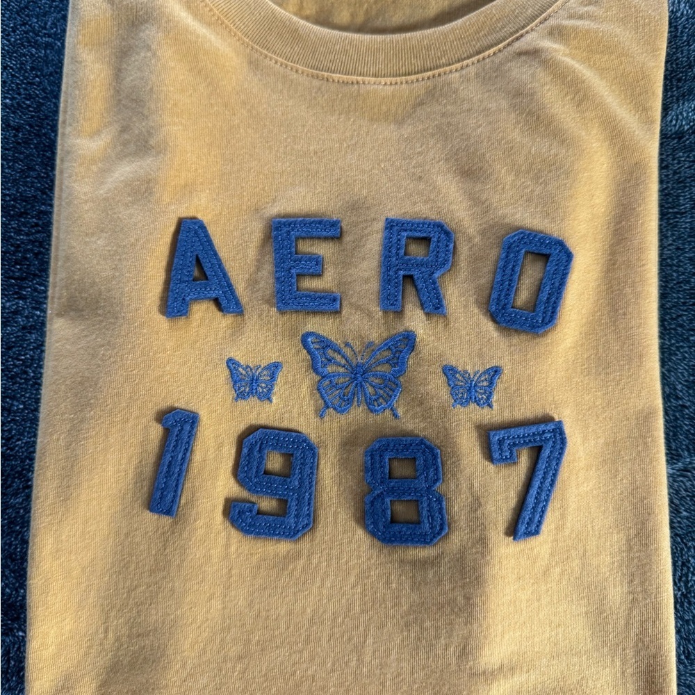 Aeropostale 1987 Tan and Blue Short Sleeve Tee